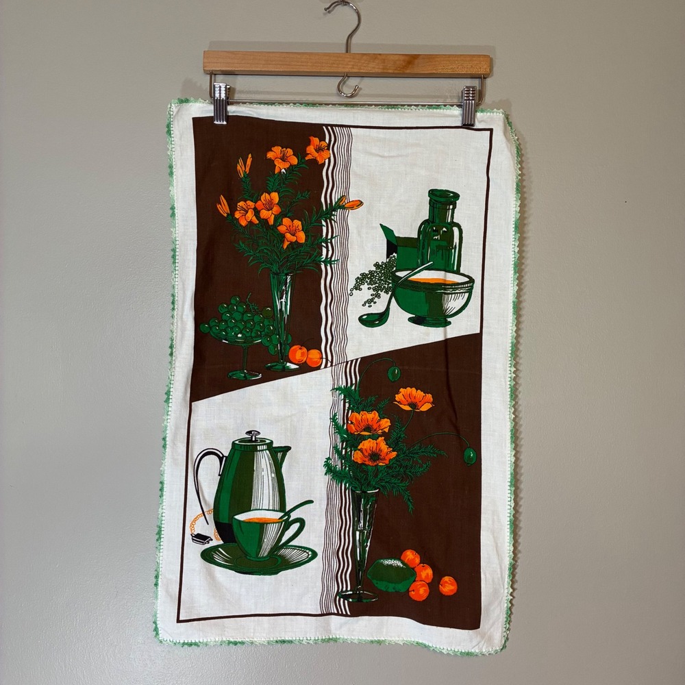 Vintage Mid Century Modern Tea Towel Green Orange Floral Crochet Lace Trim 70s